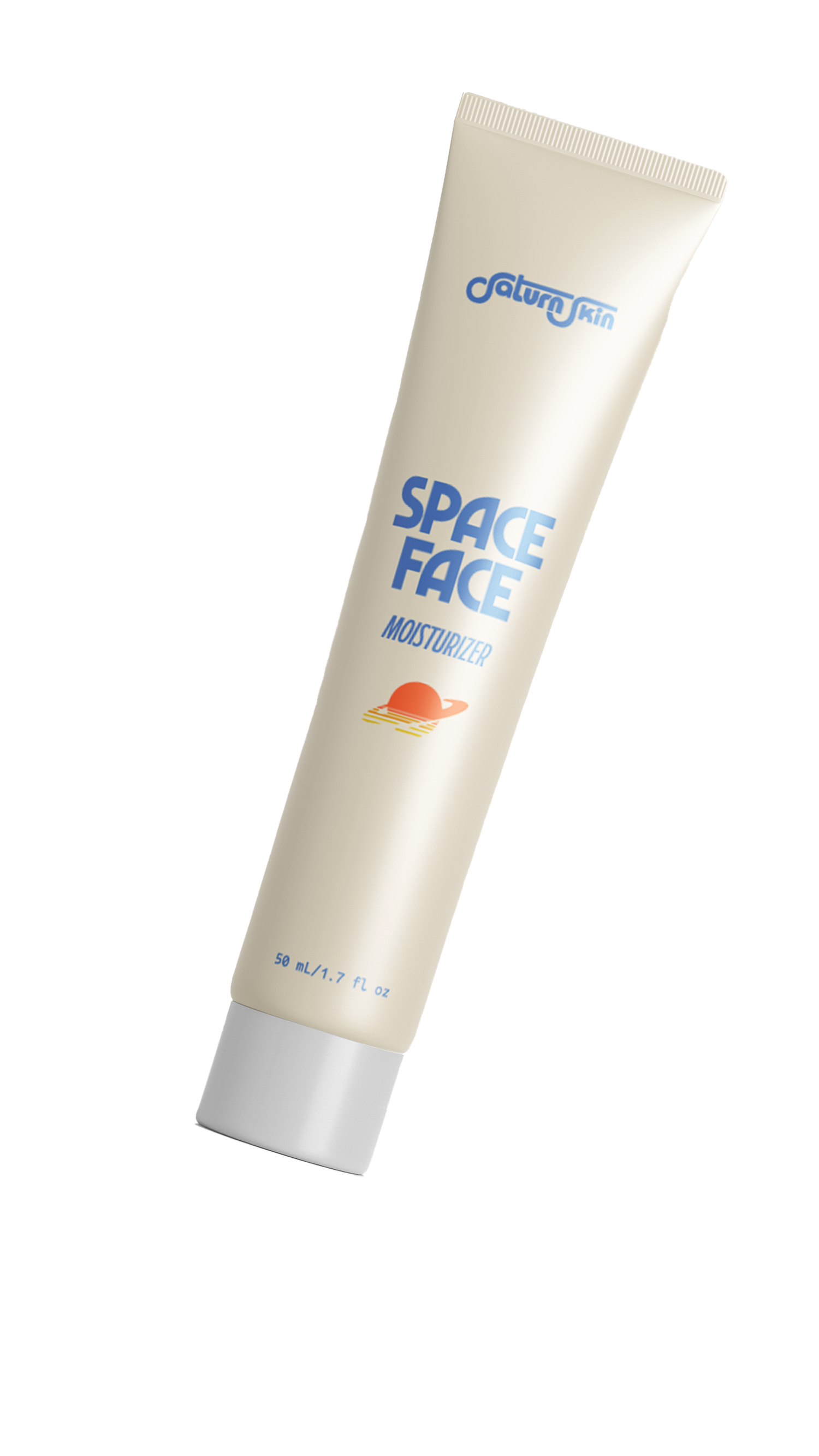 Saturn Skin for Men's Space Face Moisturizer tilted and floating. Bottle is cream/white with lettering in blue. There is a Saturn orange and mustard logomark