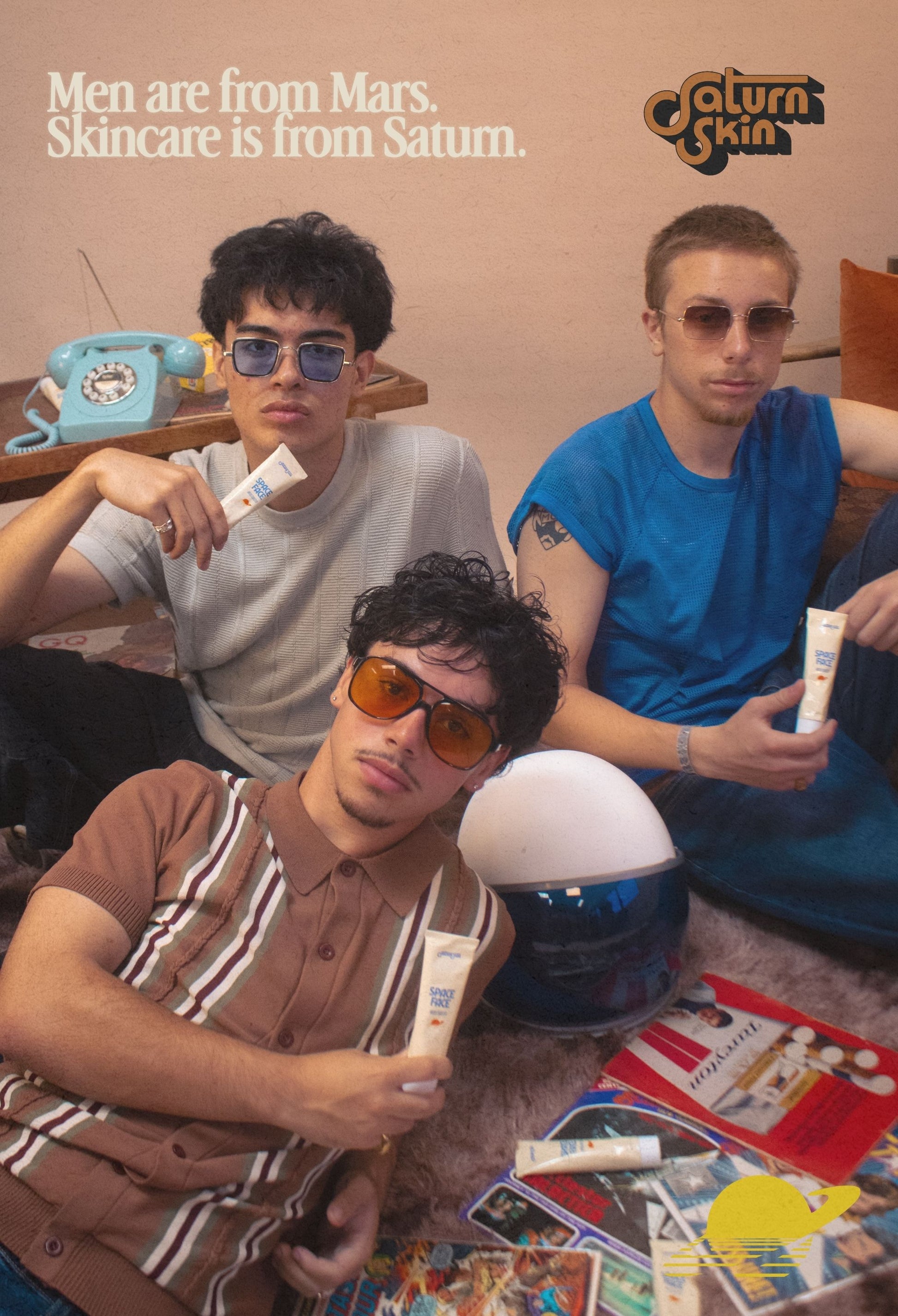 Three men sitting on a brown rug with Space Face Moisturizer. Retro vibes. Saturn Skin branding. Text reads "Men are from Mars. Skincare is from Saturn."