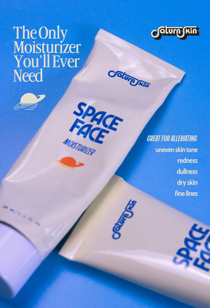 Two tubes of Space Face Moisturizer by Saturn Skin on a blue background with text about its benefits. Text reads "The only moisturizer you'll ever need. Great for alleviating uneven skin tone, redness, dullness, dry skin, fine lines"